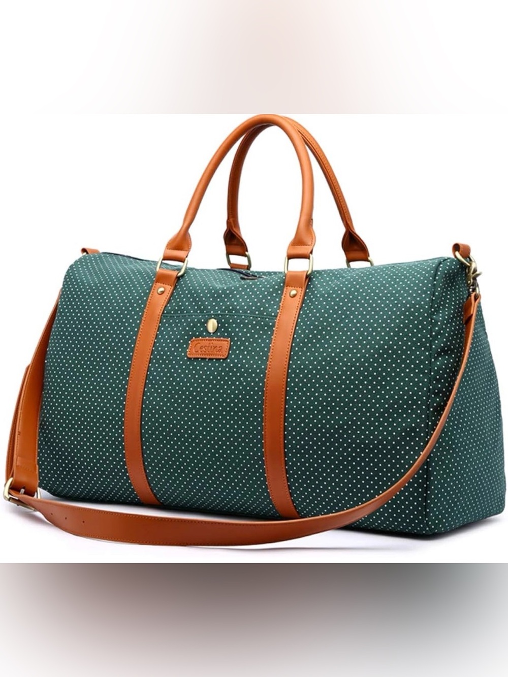 Canvas Polka Dot Travel Duffle Bag - Green with Tan Trim